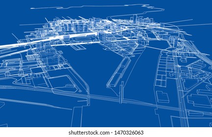 Outline city concept vector. Wire-frame style. The layers of visible and invisible lines. 3D illustration