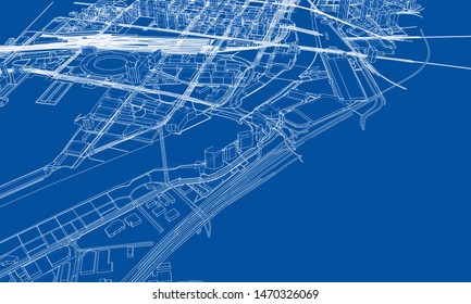 Outline city concept vector. Wire-frame style. The layers of visible and invisible lines. 3D illustration