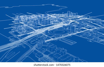 Outline city concept vector. Wire-frame style. The layers of visible and invisible lines. 3D illustration