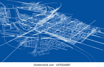 Outline city concept vector. Wire-frame style. The layers of visible and invisible lines. 3D illustration