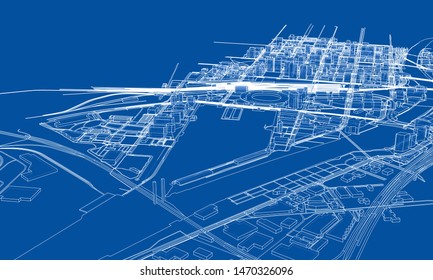 Outline city concept vector. Wire-frame style. The layers of visible and invisible lines. 3D illustration