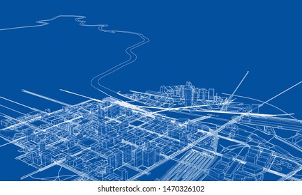 Outline city concept vector. Wire-frame style. The layers of visible and invisible lines. 3D illustration