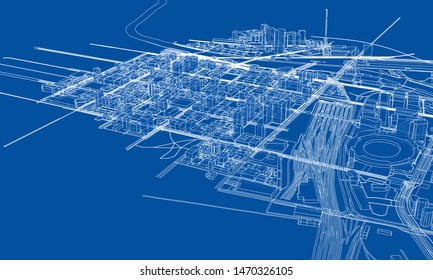 Outline city concept vector. Wire-frame style. The layers of visible and invisible lines. 3D illustration