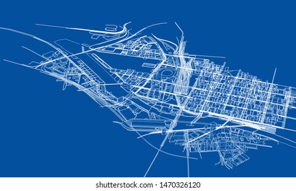 Outline city concept vector. Wire-frame style. The layers of visible and invisible lines. 3D illustration