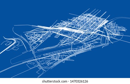 Outline city concept vector. Wire-frame style. The layers of visible and invisible lines. 3D illustration