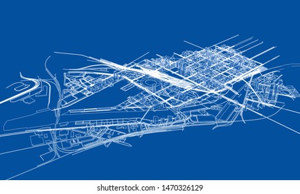 Outline city concept vector. Wire-frame style. The layers of visible and invisible lines. 3D illustration