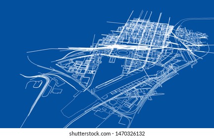 Outline city concept vector. Wire-frame style. The layers of visible and invisible lines. 3D illustration
