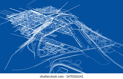 Outline city concept vector. Wire-frame style. The layers of visible and invisible lines. 3D illustration