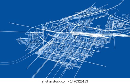 Outline city concept vector. Wire-frame style. The layers of visible and invisible lines. 3D illustration