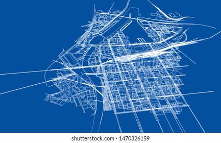 Outline city concept vector. Wire-frame style. The layers of visible and invisible lines. 3D illustration