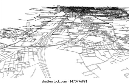 Outline city concept vector. Wire-frame style. The layers of visible and invisible lines. 3D illustration