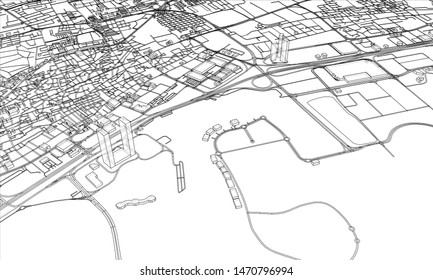 Outline city concept vector. Wire-frame style. The layers of visible and invisible lines. 3D illustration