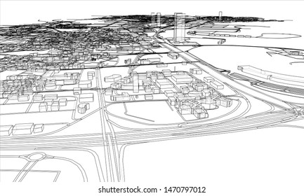 Outline city concept vector. Wire-frame style. The layers of visible and invisible lines. 3D illustration