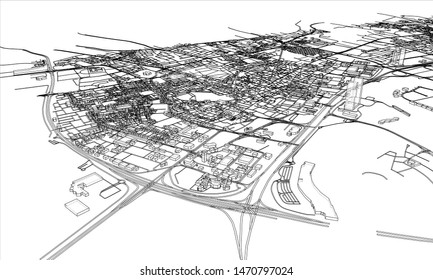 Outline city concept vector. Wire-frame style. The layers of visible and invisible lines. 3D illustration