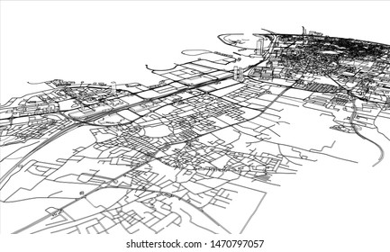 Outline city concept vector. Wire-frame style. The layers of visible and invisible lines. 3D illustration