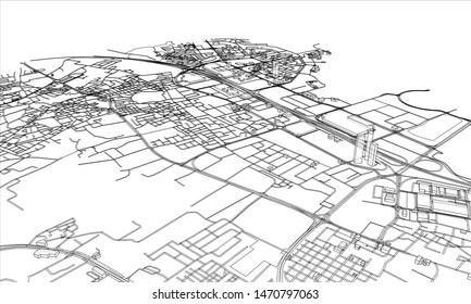 Outline city concept vector. Wire-frame style. The layers of visible and invisible lines. 3D illustration