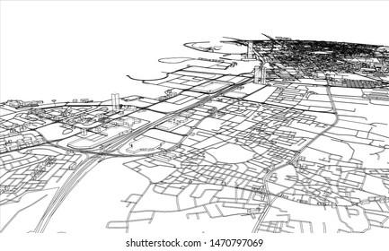 Outline city concept vector. Wire-frame style. The layers of visible and invisible lines. 3D illustration