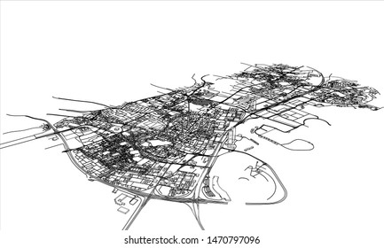 Outline city concept vector. Wire-frame style. The layers of visible and invisible lines. 3D illustration
