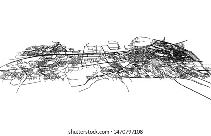 Outline city concept vector. Wire-frame style. The layers of visible and invisible lines. 3D illustration