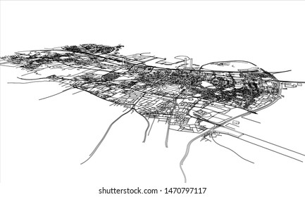 Outline city concept vector. Wire-frame style. The layers of visible and invisible lines. 3D illustration
