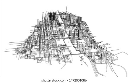 Outline city concept vector. Wire-frame style. The layers of visible and invisible lines. 3D illustration