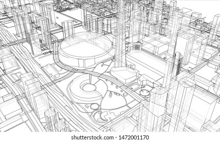Outline city concept vector. Wire-frame style. The layers of visible and invisible lines. 3D illustration