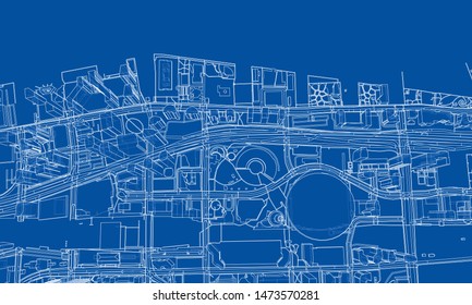 Outline city concept vector. Wire-frame style. The layers of visible and invisible lines. 3D illustration