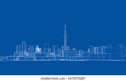 Outline city concept vector. Wire-frame style. The layers of visible and invisible lines. 3D illustration
