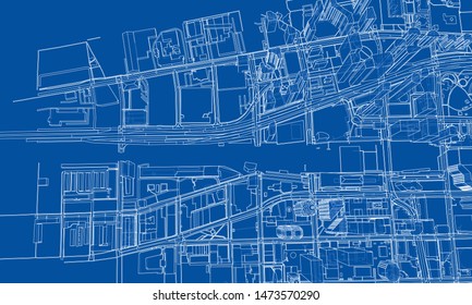 Outline city concept vector. Wire-frame style. The layers of visible and invisible lines. 3D illustration