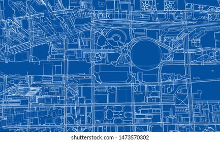 Outline city concept vector. Wire-frame style. The layers of visible and invisible lines. 3D illustration