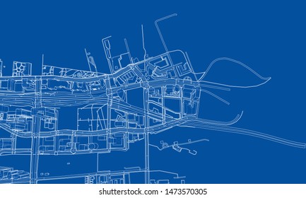 Outline city concept vector. Wire-frame style. The layers of visible and invisible lines. 3D illustration