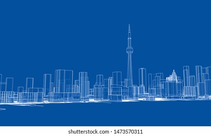 Outline city concept vector. Wire-frame style. The layers of visible and invisible lines. 3D illustration