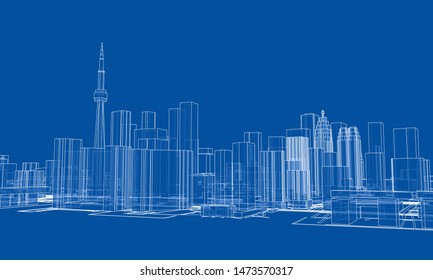 Outline city concept vector. Wire-frame style. The layers of visible and invisible lines. 3D illustration