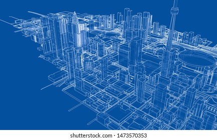 Outline city concept vector. Wire-frame style. The layers of visible and invisible lines. 3D illustration