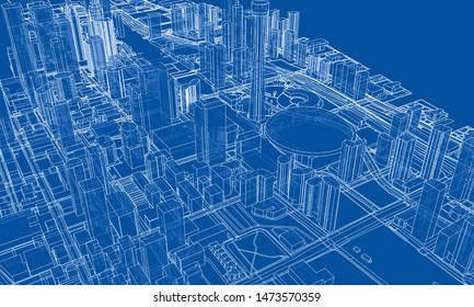 Outline city concept vector. Wire-frame style. The layers of visible and invisible lines. 3D illustration