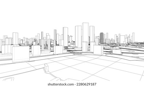 Outline city concept vector. Wire-frame style. The layers of visible and invisible lines. 3D illustration