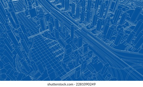 Outline city concept vector. Wire-frame style. The layers of visible and invisible lines. 3D illustration