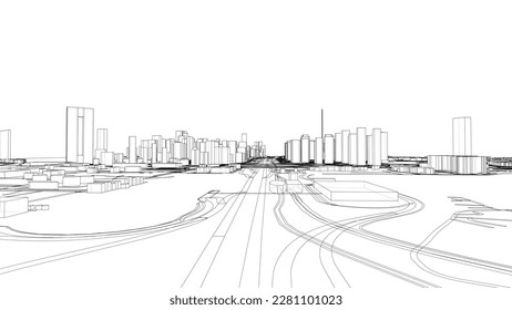 Outline city concept vector. Wire-frame style. The layers of visible and invisible lines. 3D illustration