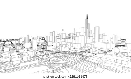 Outline city concept vector. Wire-frame style. The layers of visible and invisible lines. 3D illustration