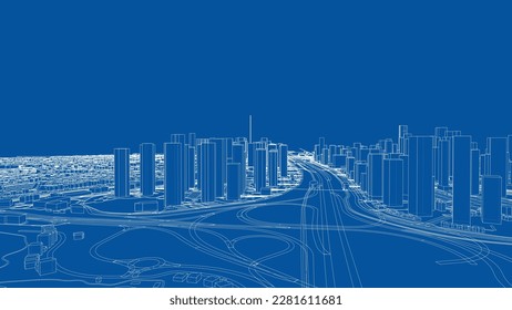 Outline city concept vector. Wire-frame style. The layers of visible and invisible lines. 3D illustration