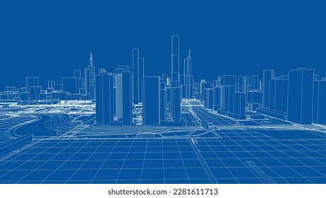 Outline city concept vector. Wire-frame style. The layers of visible and invisible lines. 3D illustration