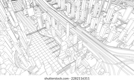 Outline city concept vector. Wire-frame style. The layers of visible and invisible lines. 3D illustration