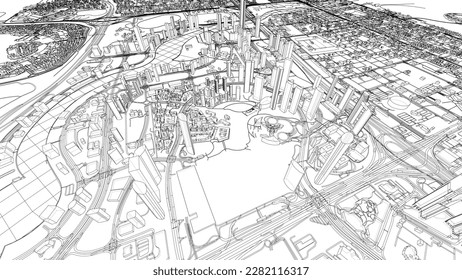 Outline city concept vector. Wire-frame style. The layers of visible and invisible lines. 3D illustration