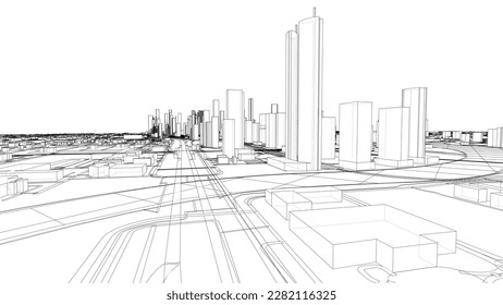 Esquema de vector de concepto de ciudad. Estilo de marco de cables. Las capas de líneas visibles e invisibles. ilustración 3D