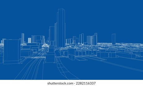 Outline city concept vector. Wire-frame style. The layers of visible and invisible lines. 3D illustration