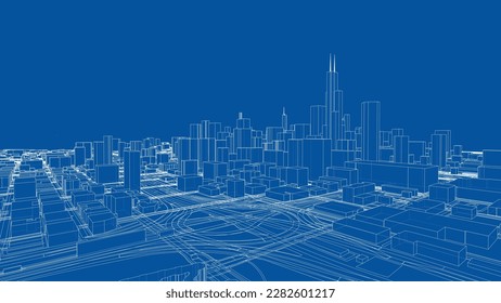 Outline city concept vector. Wire-frame style. The layers of visible and invisible lines. 3D illustration