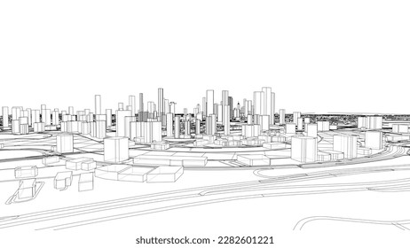 Outline city concept vector. Wire-frame style. The layers of visible and invisible lines. 3D illustration
