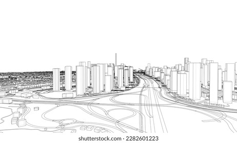 Esquema de vector de concepto de ciudad. Estilo de marco de cables. Las capas de líneas visibles e invisibles. ilustración 3D