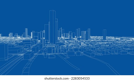 Outline city concept vector. Wire-frame style. The layers of visible and invisible lines. 3D illustration