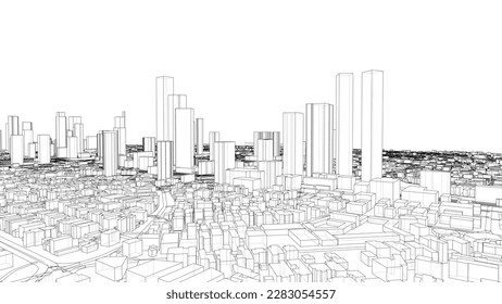 Outline city concept vector. Wire-frame style. The layers of visible and invisible lines. 3D illustration